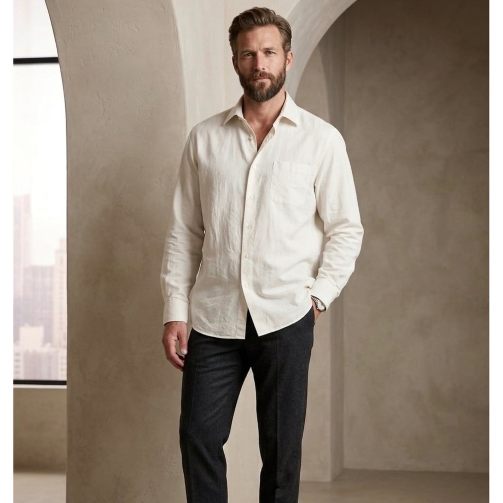 Hugo Boss Mens‎ Off White Long Sleeve Button Down Shirt 17 34/35 Textured Cream